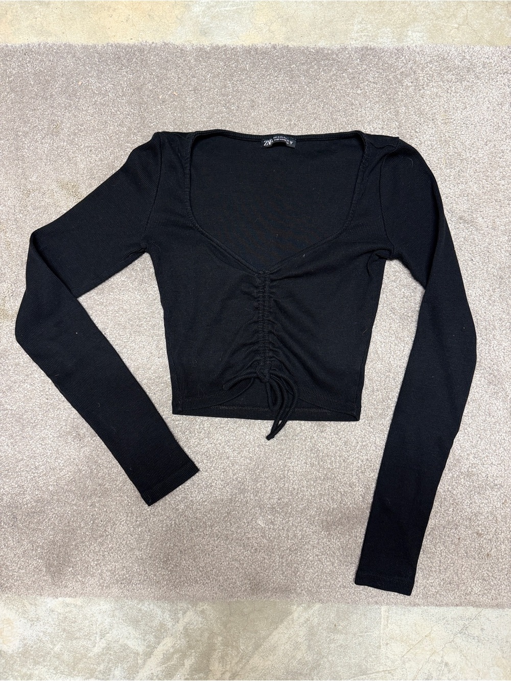 Zara Black Ribbed Long Sleeve Ruched Cinch Front Crop Top S